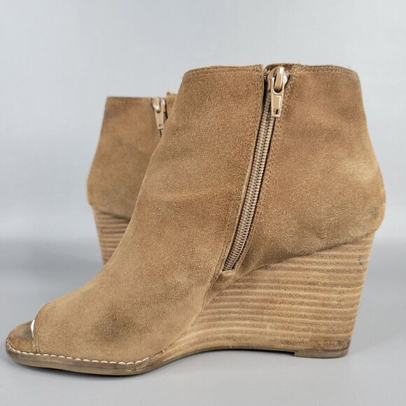 Lucky Brand Jaevin Suede Leather Side Zip Lace Peep Toe Wedge Heel Bootie 8.5 - Picture 4 of 12